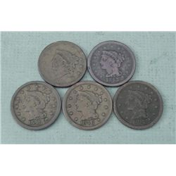 5 Dif Date Large Cents Coronet Head 1838-47 Nice,Detais