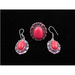 Red Coral 3 Pc Sterling German Ring & Earrings Set