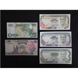 5 Pcs Paper Currency Notes Zambia Small UNC, 50 Kwacha