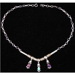 Sterling Silver Necklace w/ Pearls, Amethyst, Turquoise
