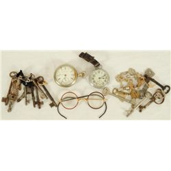 Collection of Antique Keys, Watches, & Spectacles