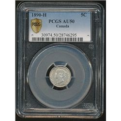 1890H 5¢ PCGS AU50.  Lustrous.