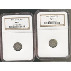 1899 5¢ AU50 & 1901 XF45.  Lot of 2 NGC graded coins.