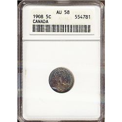 1908 5¢ Sml ANACS AU58.  Sharp deep red and blue tones with strong lustre.