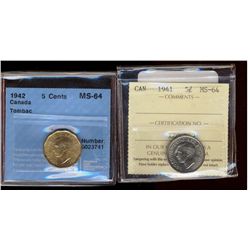 1941 5¢ ICCS & 1942 Tombac CCCS both MS64.  Lot of 2 coins.