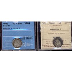 1880H 10¢ Obv 1 ICCS EF40 & 1886 Obv 4, Lg6 CCCS VG8.