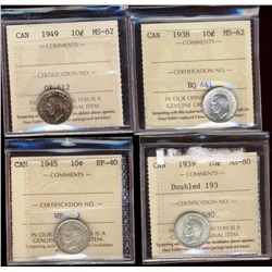 1938 10¢ & 1949 MS62, 1939 MS60 Dbl 39 & 1945 EF40.  Lot of 4 ICCS coins.