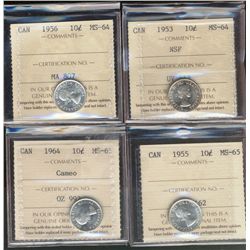 1953 10¢ NSF, 1956 MS64, 1955 & 1964 MS65.  Lot of 4 ICCS coins.