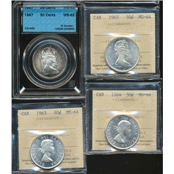 1963 50¢, 1964 & 1965 ICCS MS64 along with 1967 CCCS MS62.  Lot of 4 coins.