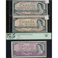 1954 $10 BC-32a, PMG VF30, $50 BC-34b & $100 BC-35b.  Lot of 3 Devil's Face issues.  Latter two issu