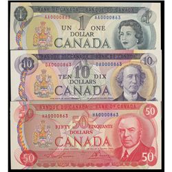 1973 $1 BC-46a #AA0000863, 1971 $10 BC-49a #DA0000863 & 1975 $50 BC-51a #HA0000863.  Lot of 3 notes 