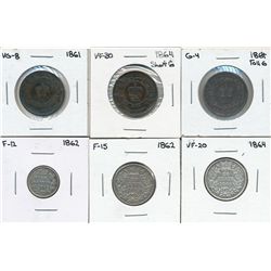 N.B. Lot;  includes 1861 1¢, 1864 Short and Long, 1862 10¢, 1862 20¢ & 1864.  Lot of 6 coins Good to