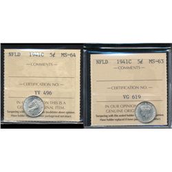 Nfld 1941c 5¢ ICCS MS63 & MS64.  Lot of 2 ICCS coins.