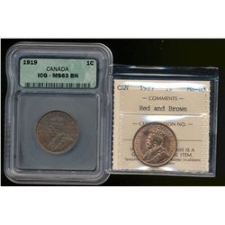 1917 1¢ & 1919 MS63.  Lot of 2 coins ICCS MS63RB & PCGS MS63BN respectively.