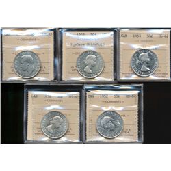 1950 50¢, 1953 LD SF, 1953 SD & 1958 Dot all ICCS MS62.  Also includes 1952 50¢ MS64.   Lot of 5 coi