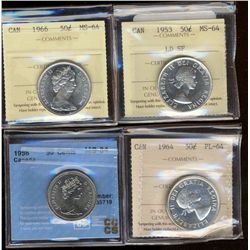 1953 50¢ LD SF & 1966 ICCS MS64 along with 1964 ICCS PL64 & 1986 Nickel CCCS MS64.  Lot of 4 coins.