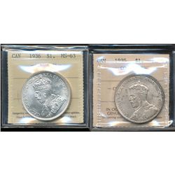 1935 $1 MS64 & 1936 MS63.  Lot of 2 ICCS graded coins.