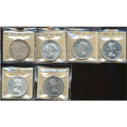 1937 $1, 1938, 1950 Arn, 1956 & 1957 all ICCS MS62.  Lot of 6 coinsw.