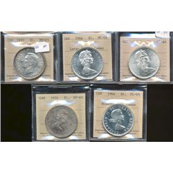 1937 $1 MS63, 1964 PL65 Missing Dot Cameo, 1966 MS64 Cameo, 1967 MS64 & 1974 Silver MS60.  Lot of 5 