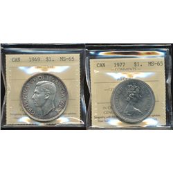 1949 $1 & 1977 Nickel ICCS MS65. Lot of 2 coins.