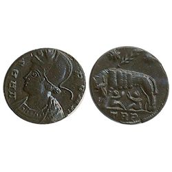 Roman Imperial Coinage; Constantine the Great Follis. Obv: VRBS - ROMA; Rev: No Legend. She wolf lef