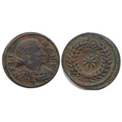 Roman Imperial Coinage; Helena Follis. Obv: HELE-NA NF; Rev: No Legend  Star within wreath.  Thessal