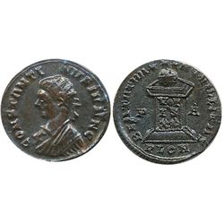 Roman Imperial Coinage; Constantine II Follis. Obv: CONSTANTINVS IVN N C; Rev: BEATA TRA-NQVILLITAS.