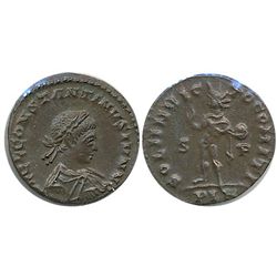 Roman Imperial Coinage; Constantine II Follis. Obv: CONSTANTINVS IVN NOB CAES; Rev: SOLI INVI-CTO CO