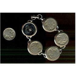 USA  Buffalo Nickel Coin Bracelet.  Includes 5 Bufflao nickels undated attached (glued) to 5 rings t