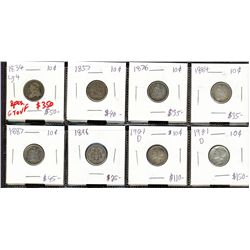 USA Ten Cent Lot;  includes 1834, 1857, 1876, 1884, 1887, 1896 & 1921D(2).  Lot of 8 pcs G to VF.