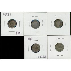 USA Ten Cent Lot;  includes 1893, 1894, 1898S, 1899S & 1913S.  Lot of 5 coins G to VG.