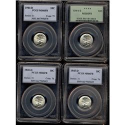 USA 1944S 10¢, 1944D & 1945D(2) all MS66FB.  Lot of 4 coins PCGS graded.