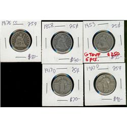 USA Twenty-Five Cent Lot;  includes 1853, 1858, 1876CC, 1917D & 1927D.  Lot of 5 coins G to VF.