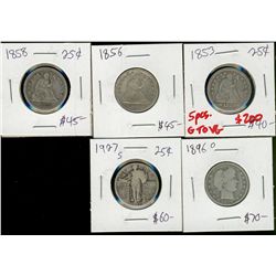 USA Twenty-Five Cent Lot;  includes 1853, 1856, 1858, 1896O & 1927S.  Lot of 5 coins G to VG.