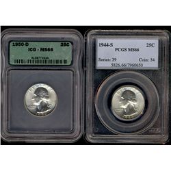 USA 1944-S 25¢ & 1950-D both MS66, PCGS and ICG graded respectively.  Lot of 2 coins.