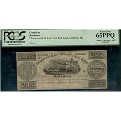 Champlain & St. Lawrence Rail Road; 1837 3 fr/2s6d, PCGS Gem UNC65PPQ.