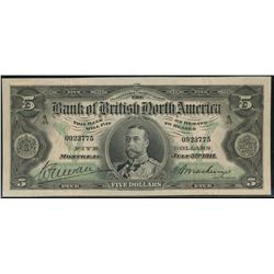 The Bank of British North America; 1911 $5 #0923775.  Great appealing Choice Original AU/UNC issue.