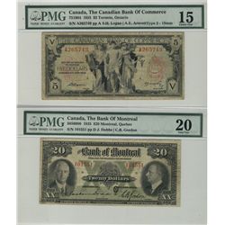 The Canadian Bank of Commerce; 1935 $5 #A265749 CH F15& The Bank of Montreal 1935 $20 VF20.   Lot of