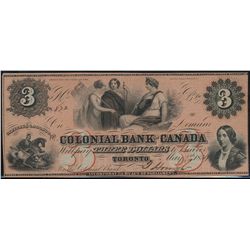 The Colonial Bank of Canada; 1859 $3 #872 CH-130-10-04-06.  EF for grade.