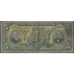 The Molsons Bank; 1905 $5 #339040 (Shoulder's Right) CH-490-28-02. Fine.  Thought to be the only iss