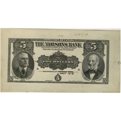 The Molsons Bank; 1918 $5 B&W Proof Print issue on Stock paper.