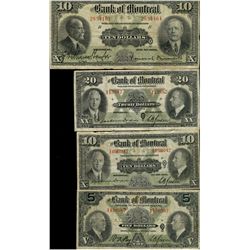 The Bank of Montreal; 1923 $10, 1935 $5, 1935 $10 & 1935 $20.  Lot of 4 notes all VG to F+.