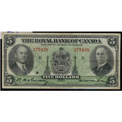 The Royal Bank of Canada; 1935 $5 #375438 CH- 630-18-02a, Large Signatures in VF+ Condition