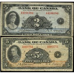 1935 $2 BC-3 #A4166384 & $5 BC-5 #A003751.  Lot of 2 notes VG to F.