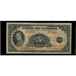 1935 $5  BC-5, Osborne-Towers signatures in F-VF Condition