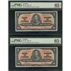 Image 1 : 1937 $2 BC-22c #JR7948142 & 8143, PMG Gem UNC65EPQ.  Lot of 2 consecutive notes.