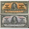 Image 1 : 1937 $10 BC-24c #MT2914101 & $50 BC-29c #BH4728452.  Lot of 2 notes EF to AU+.