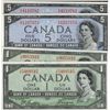 Image 1 : 1954 $1 BC-29a(2) & $5 BC-31a(2).  Lot of 4 notes all original crisp examples EF+ to AU+ to UNC.