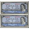 Image 1 : 1954 $5 BC-31a #BC9700296 & BC-31b #EC8852070.  Lot of 2 UNC notes, both lightly pressed out handlin