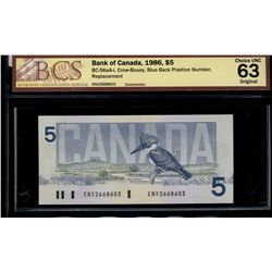 1986 $5 BC-56aA-i, #ENX2668603, Blue BPN, BCS Certified CH UNC-63, Original